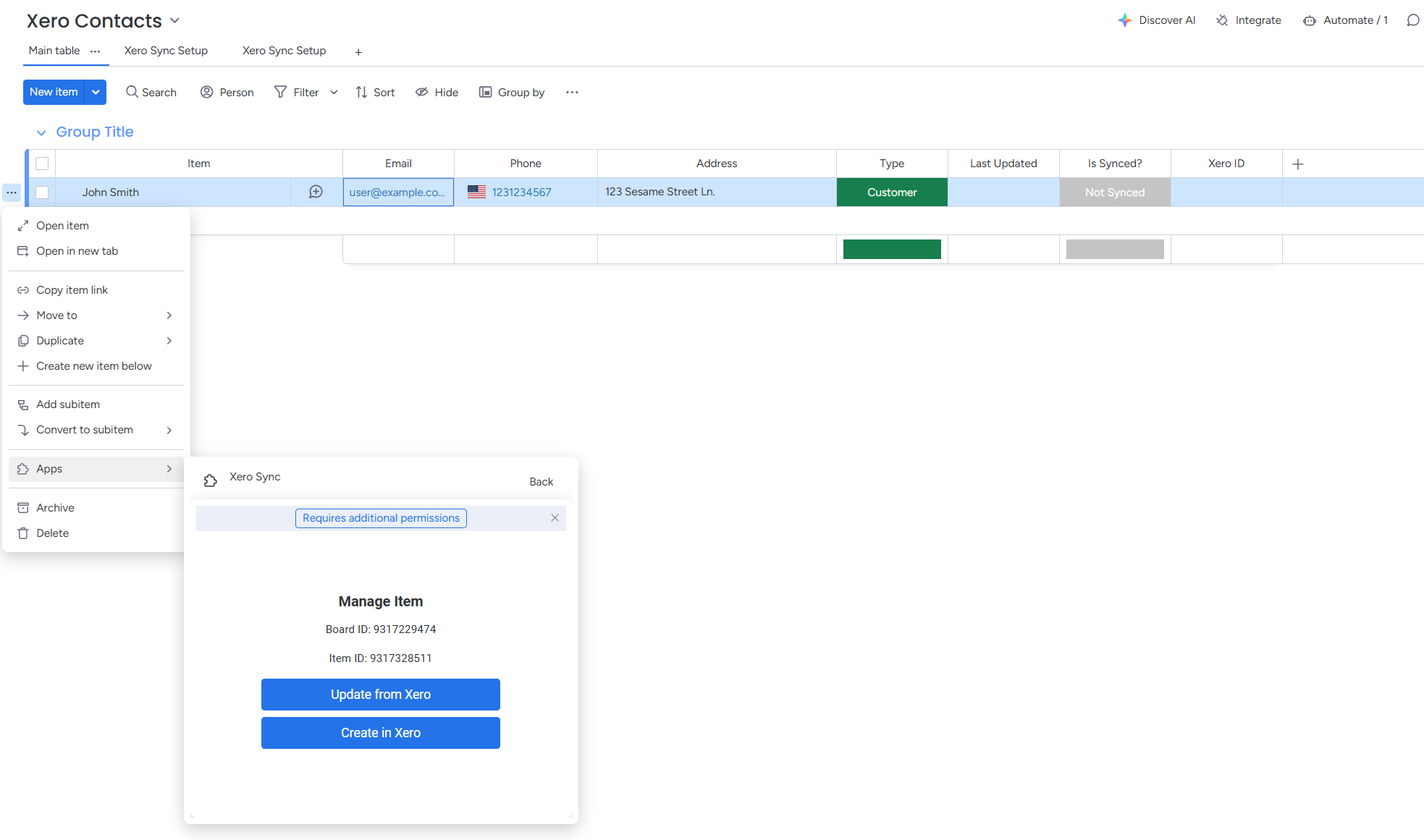 Creating an item in monday.com that syncs to Xero